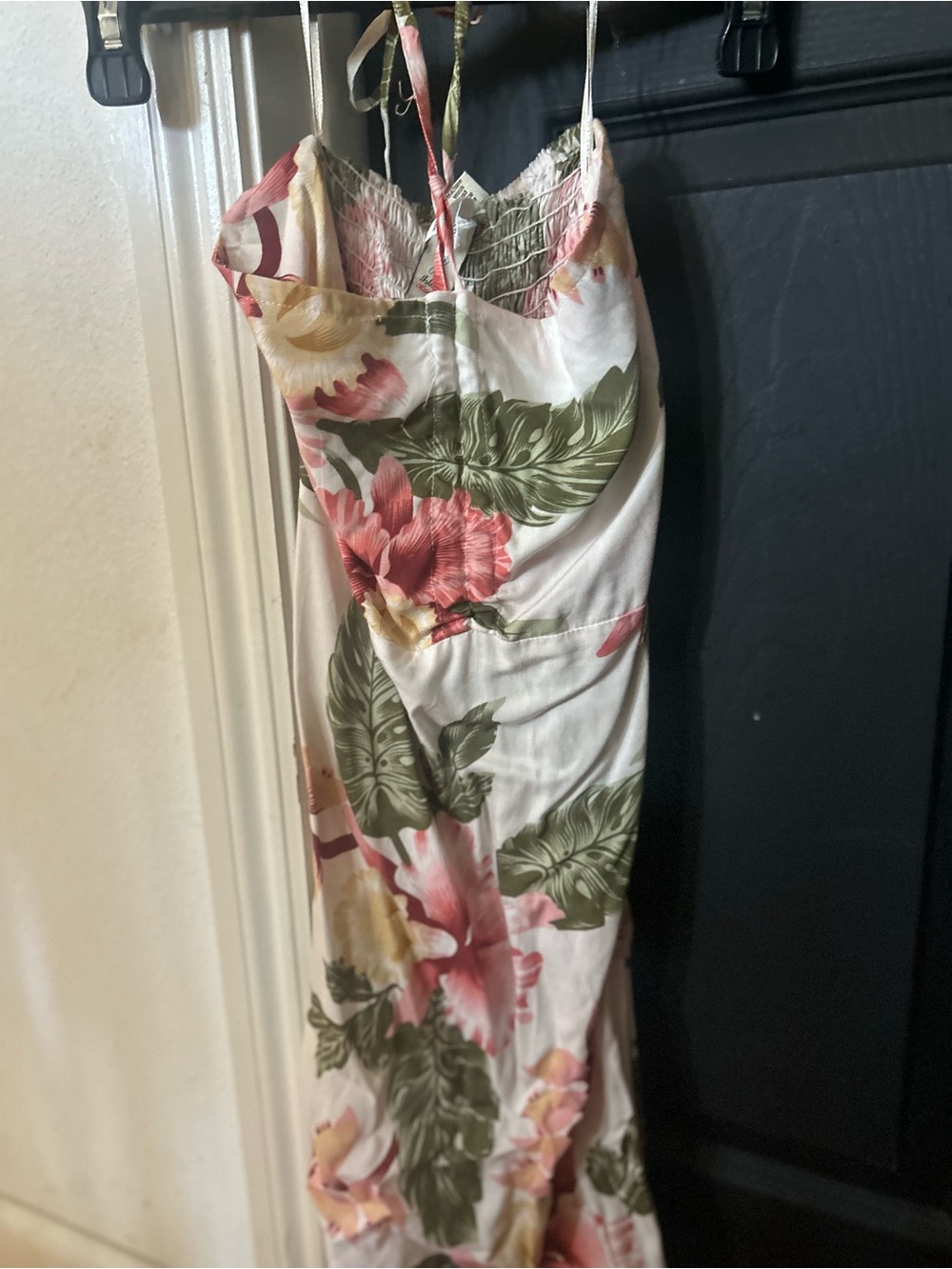 Floral Slip Midi Dress in Cream with Green & Pink Print